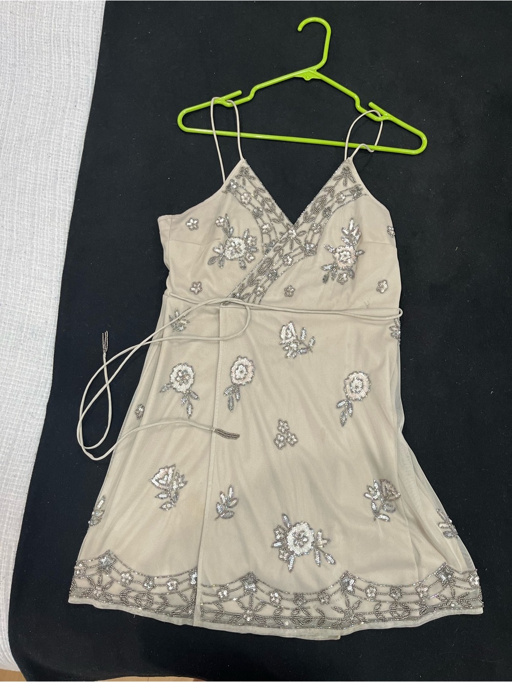 Altar’d State: Beaded Spaghetti Strap Wrap Dress in Light Taupe